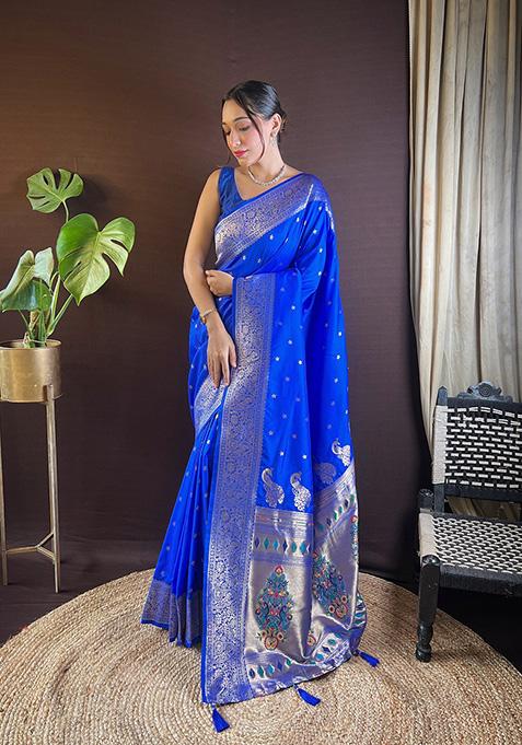 Royal Blue Woven Paithani Silk Saree Set