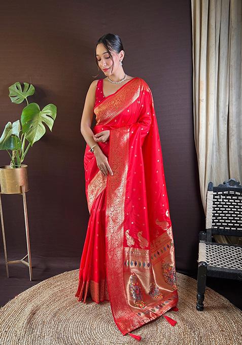 Red Woven Paithani Silk Saree Set