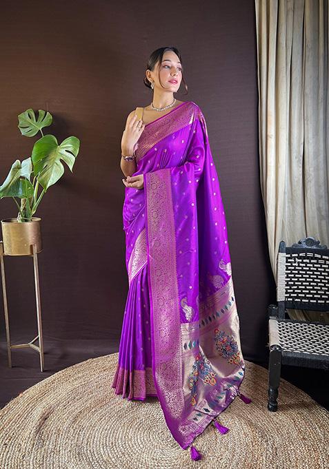 Purple Woven Paithani Silk Saree Set