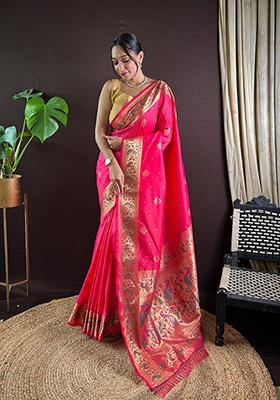 Pink Woven Paithani Silk Saree Set