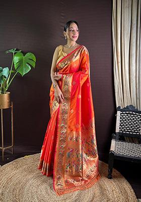 Orange Woven Paithani Silk Saree Set