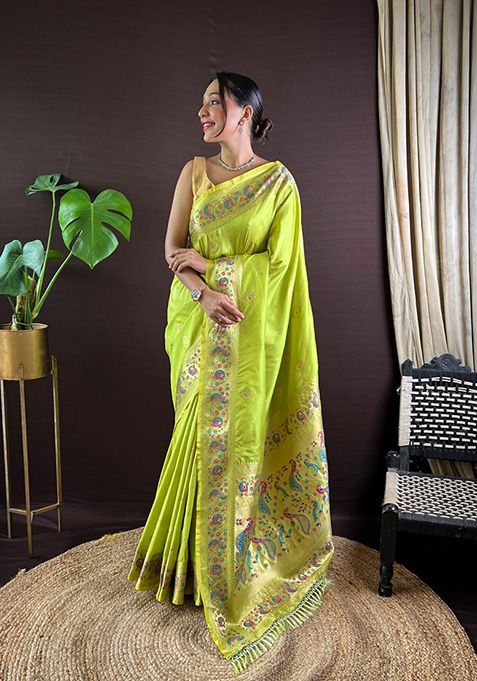 Parrot Green Woven Paithani Silk Saree Set