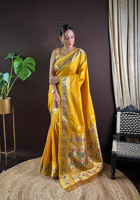 Yellow Woven Paithani Silk Saree Set