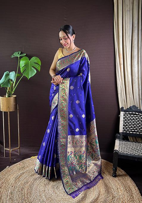 Royal Blue Woven Paithani Silk Saree Set