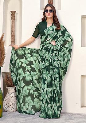 Green Printed Georgette Saree Set