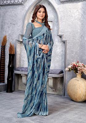 Grey Printed Georgette Saree Set