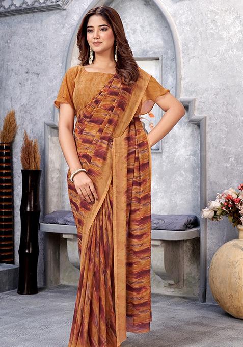 Mustard Printed Georgette Saree Set