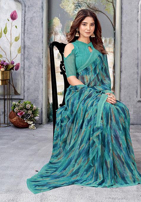 Sky Blue Printed Georgette Saree Set