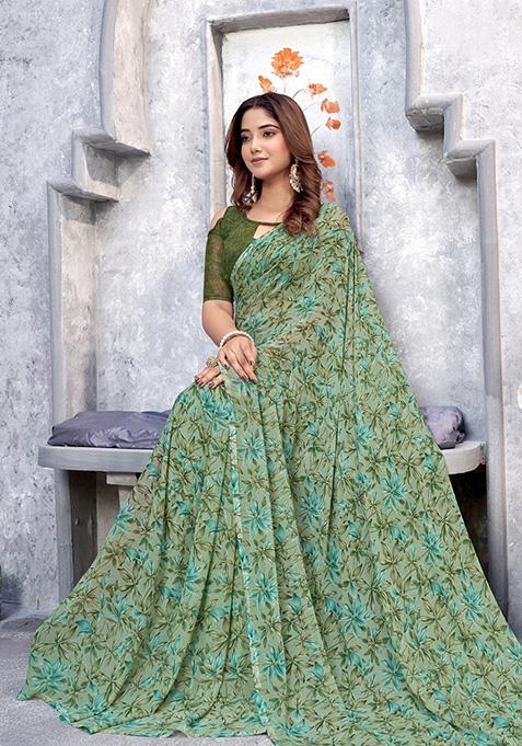 Green Printed Georgette Saree Set