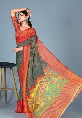 Green Printed Brasso Saree Set