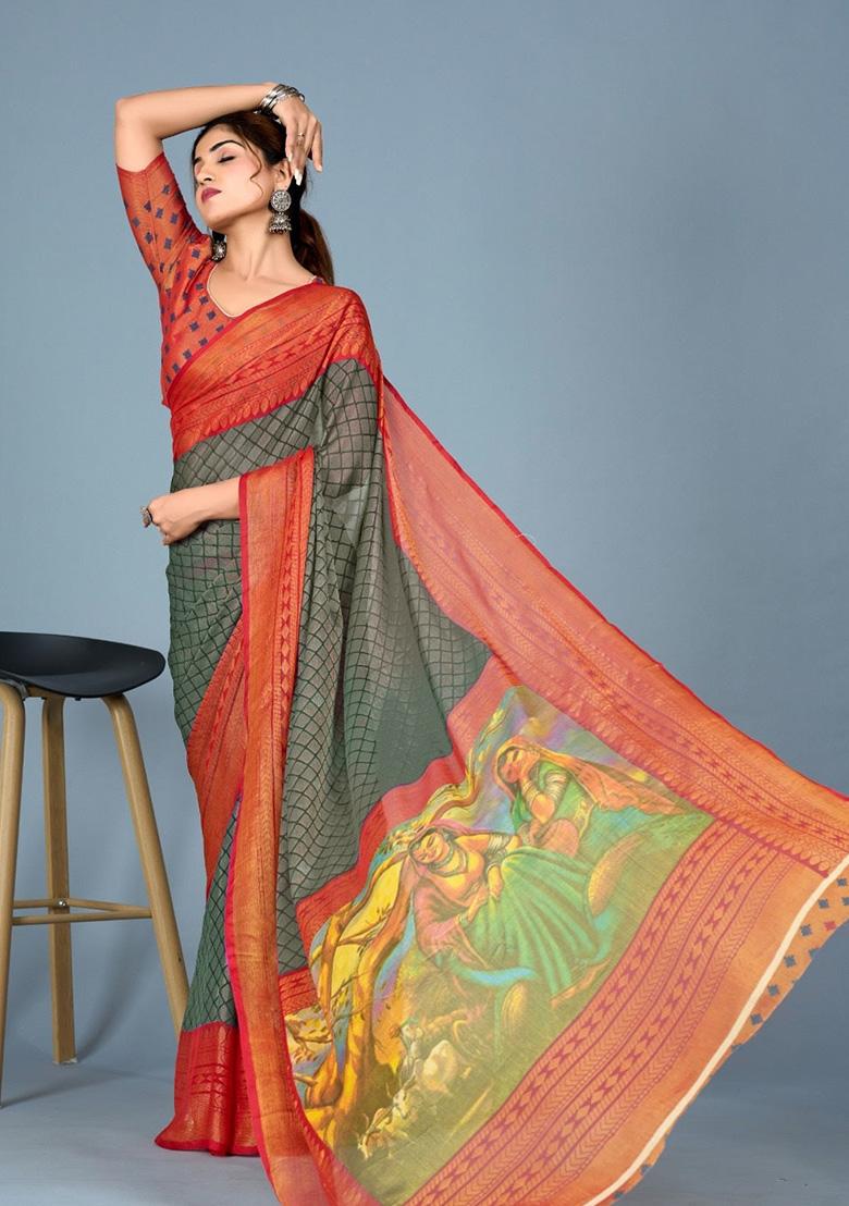 Green Printed Brasso Saree Set