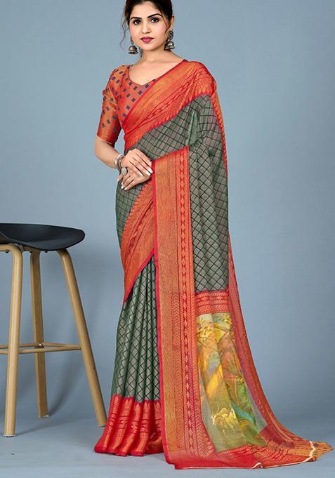 Green Printed Brasso Saree Set