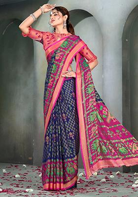 Blue Printed Brasso Saree Set