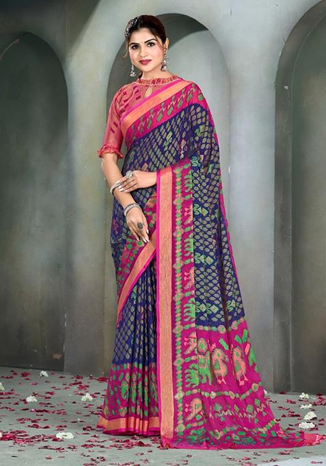 Blue Printed Brasso Saree Set