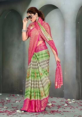 Multicolour Printed Brasso Saree Set