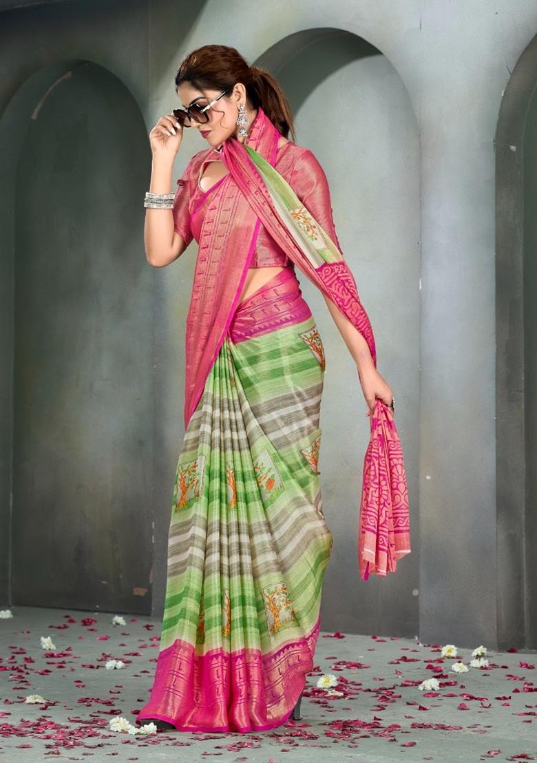 Multicolour Printed Brasso Saree Set