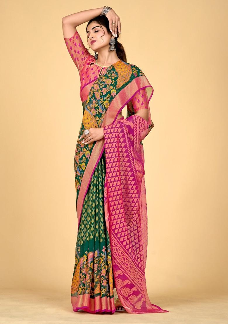 Green Printed Brasso Saree Set