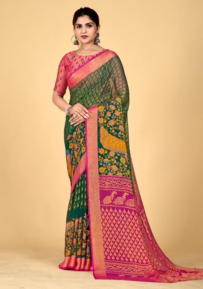 Green Printed Brasso Saree Set