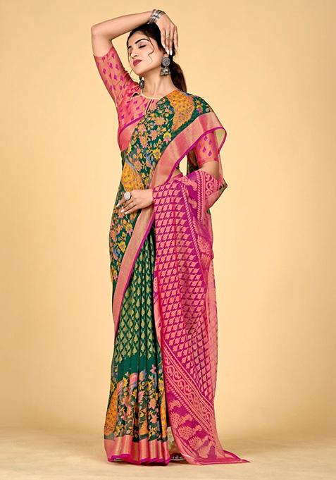 Green Printed Brasso Saree Set