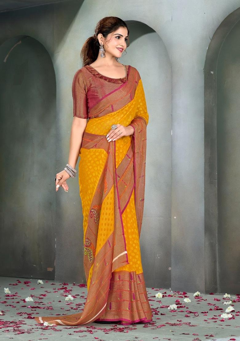 Yellow Printed Brasso Saree Set