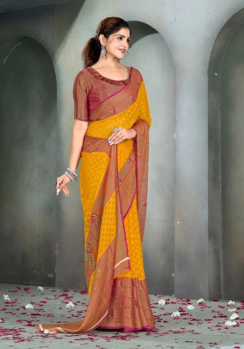 Yellow Printed Brasso Saree Set