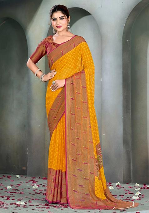 Yellow Printed Brasso Saree Set