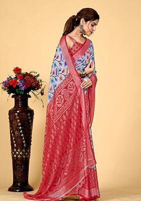 Sky Blue Printed Brasso Saree Set