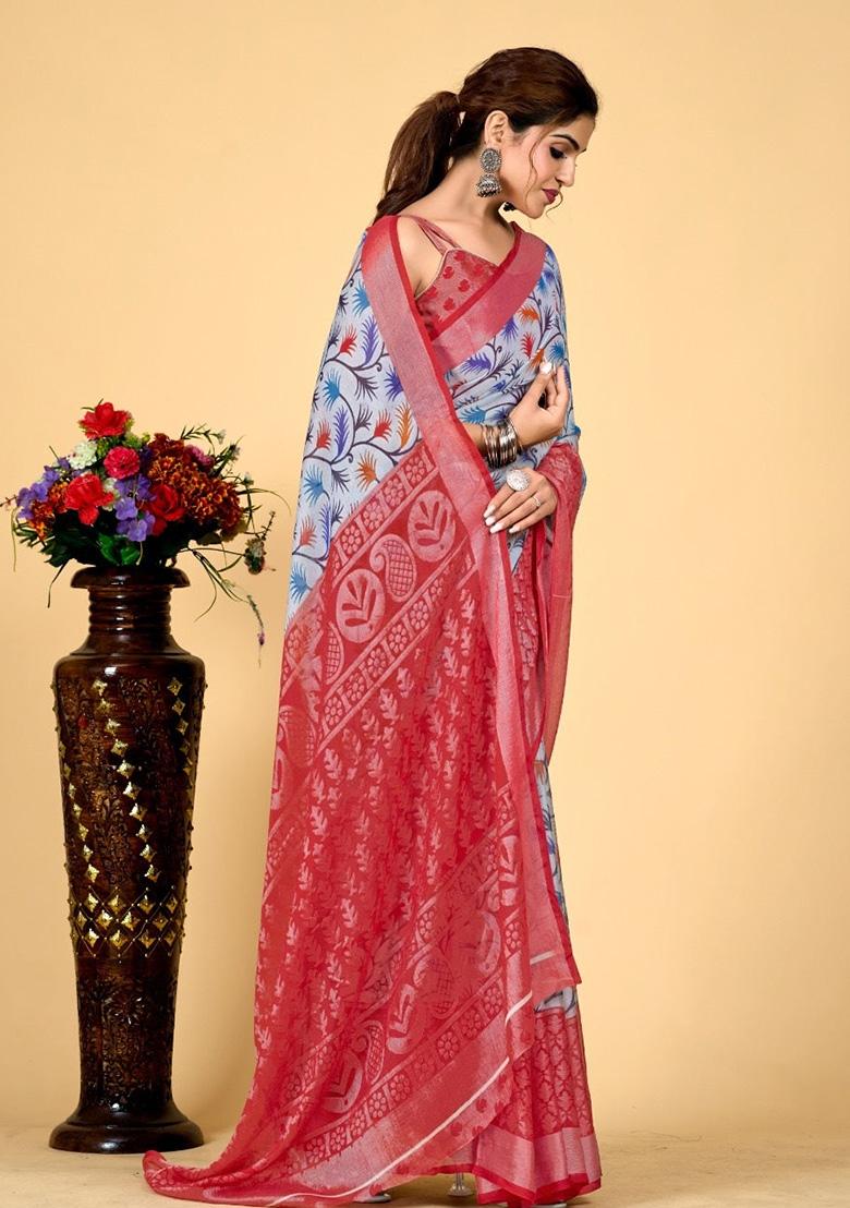 Sky Blue Printed Brasso Saree Set