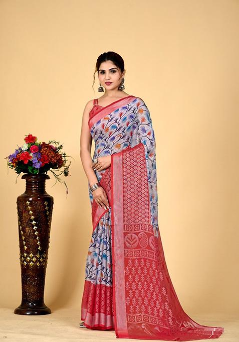 Sky Blue Printed Brasso Saree Set