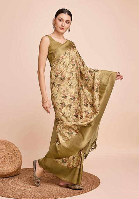 Mustard Woven Semi Kanjivaram Silk Saree Set