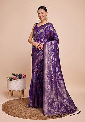 Purple Woven Pure Silk Saree Set