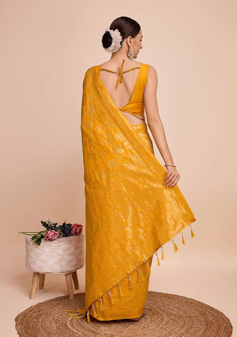 Yellow Woven Pure Silk Blend Saree Set - Indya