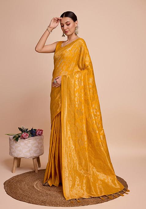 Yellow Woven Pure Silk Saree Set