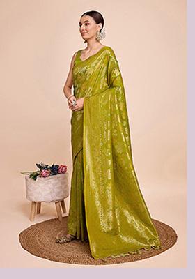 Parrot Green Woven Pure Silk Saree Set