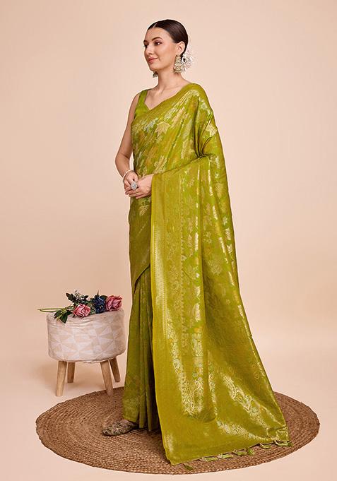 Parrot Green Woven Pure Silk Saree Set