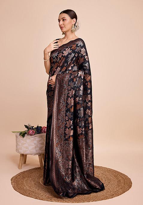 Black Woven Pure Silk Saree Set