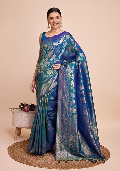 Petrol Green Woven Pure Silk Saree Set