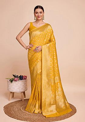 Golden Woven Pure Silk Saree Set