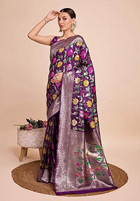 Purple Woven Paithani Silk Saree Set