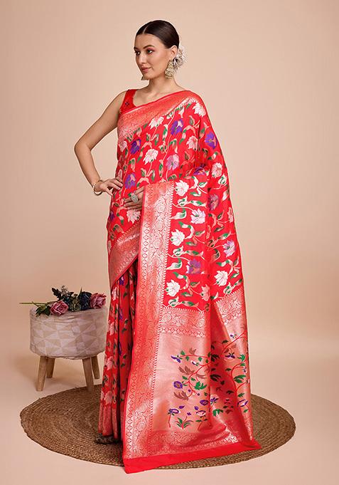 Red Woven Paithani Silk Saree Set