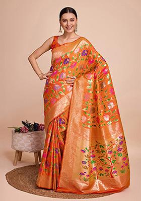 Orange Woven Paithani Silk Saree Set