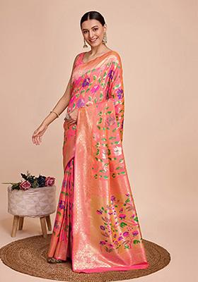 Peach Woven Paithani Silk Saree Set