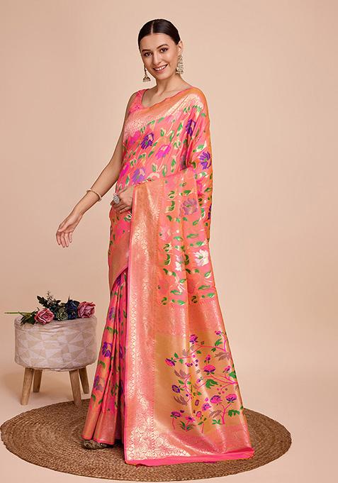 Peach Woven Paithani Silk Saree Set