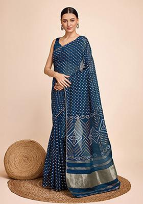 Navy Blue Woven Semi Cotton Silk Saree Set