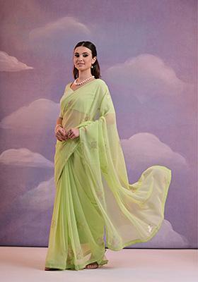 Parrot Green Embroidered Heavy Georgette Saree Set
