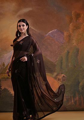 Coffee Brown Embroidered Heavy Georgette Saree Set