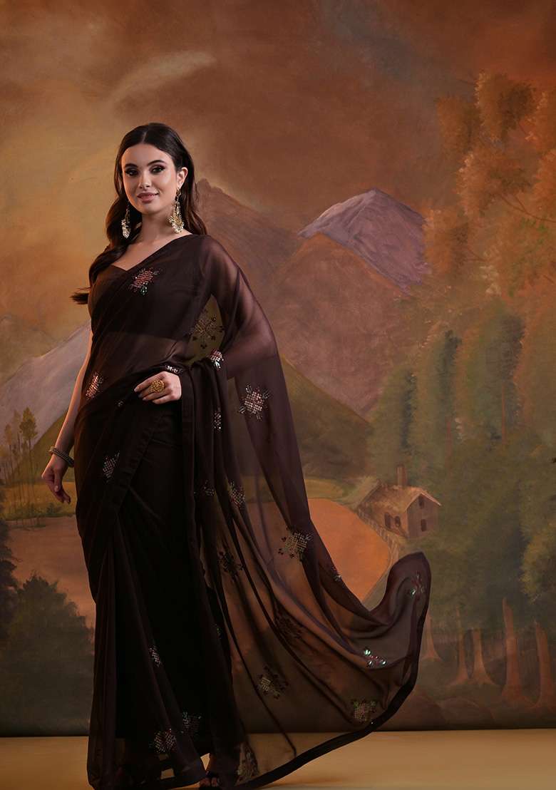 Coffee Brown Embroidered Heavy Georgette Saree Set - Indya