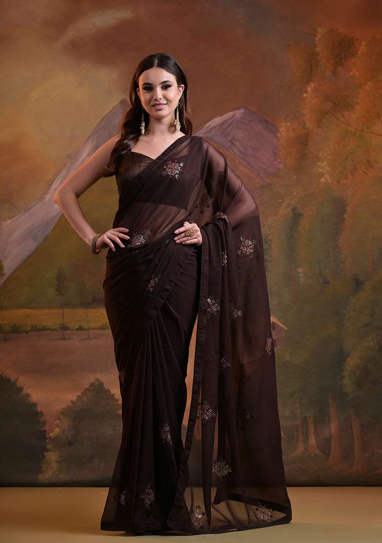 Coffee Brown Embroidered Heavy Georgette Saree Set - Indya