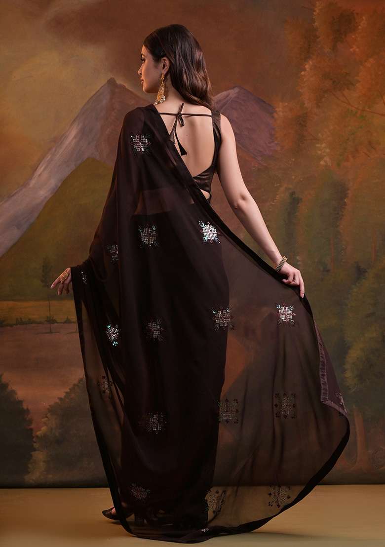 Coffee Brown Embroidered Heavy Georgette Saree Set - Indya