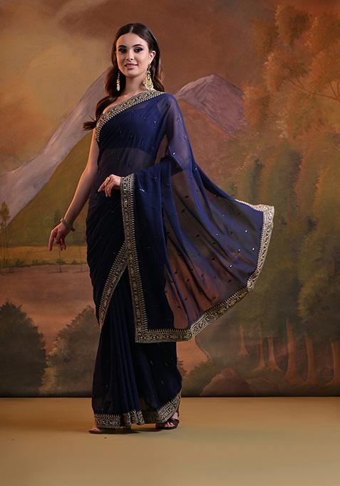 Blue Embroidered Heavy Georgette Saree Set